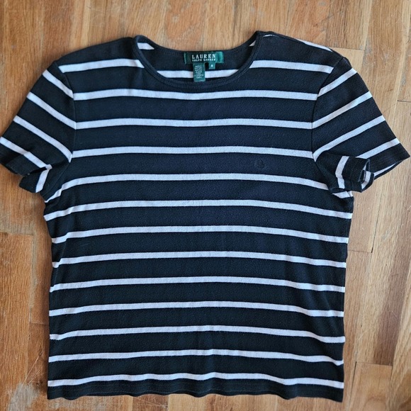 Ralph Lauren Crew Neck Black Striped‎ Top Classic Timeless Cotton T-Shirt Size M - Picture 8 of 14